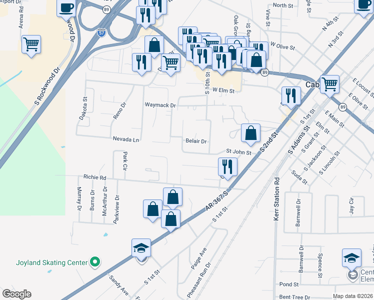 map of restaurants, bars, coffee shops, grocery stores, and more near 27 Belair Drive in Cabot