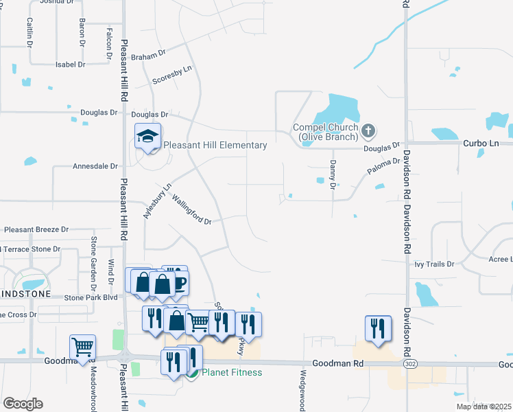 map of restaurants, bars, coffee shops, grocery stores, and more near 5591 John Nielsen Way in Olive Branch