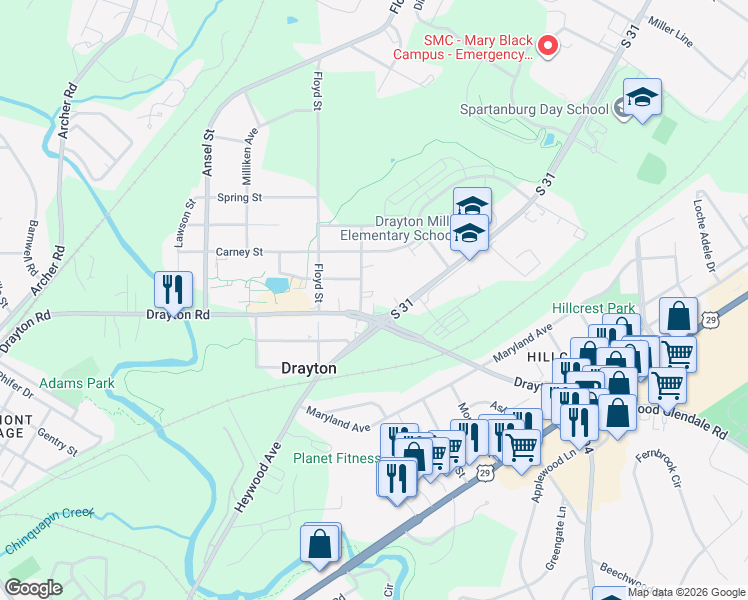 map of restaurants, bars, coffee shops, grocery stores, and more near 1510 Drayton Road in Drayton