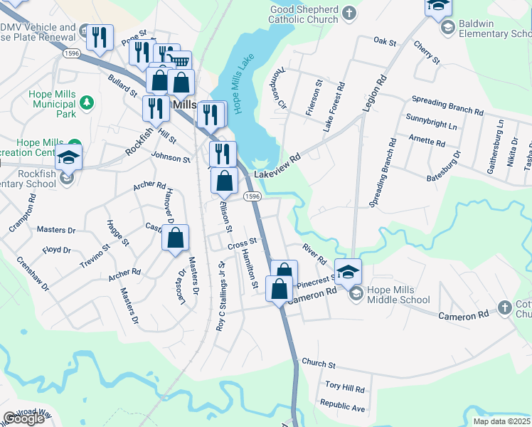 map of restaurants, bars, coffee shops, grocery stores, and more near 5420 McRae Street in Hope Mills