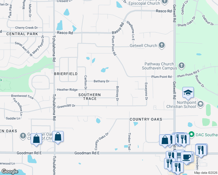 map of restaurants, bars, coffee shops, grocery stores, and more near 2471 Bethany Drive in Southaven