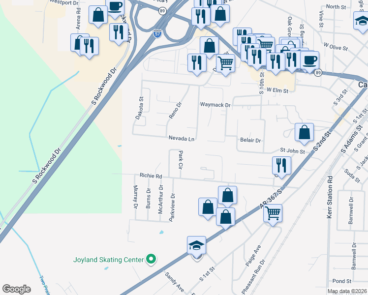 map of restaurants, bars, coffee shops, grocery stores, and more near 39 Nevada Lane in Cabot