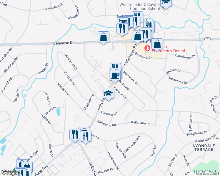 map of restaurants, bars, coffee shops, grocery stores, and more near 2142 India Hook Road in Rock Hill