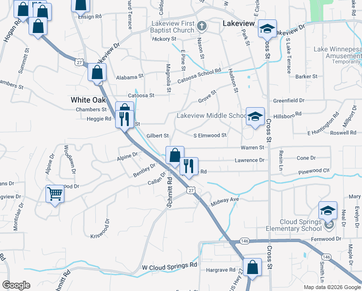 map of restaurants, bars, coffee shops, grocery stores, and more near 172 Oak Street in Rossville