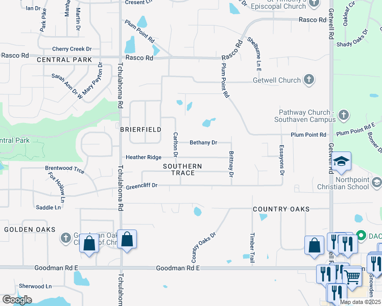 map of restaurants, bars, coffee shops, grocery stores, and more near 2313 Bethany Drive in Southaven