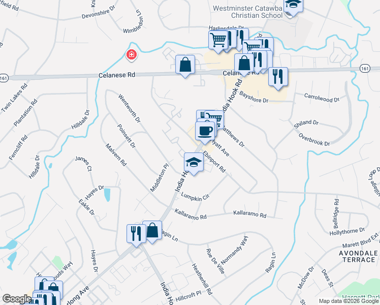 map of restaurants, bars, coffee shops, grocery stores, and more near 2195 India Hook Road in Rock Hill