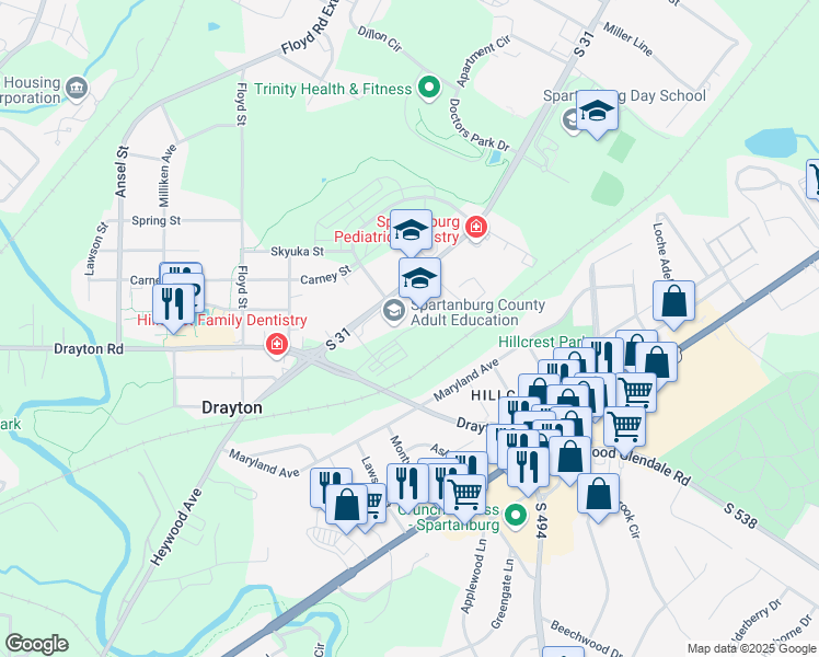 map of restaurants, bars, coffee shops, grocery stores, and more near 1475 Skylyn Drive in Spartanburg