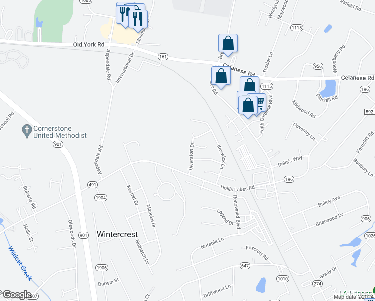 map of restaurants, bars, coffee shops, grocery stores, and more near 2241 Ulverston Drive in Rock Hill