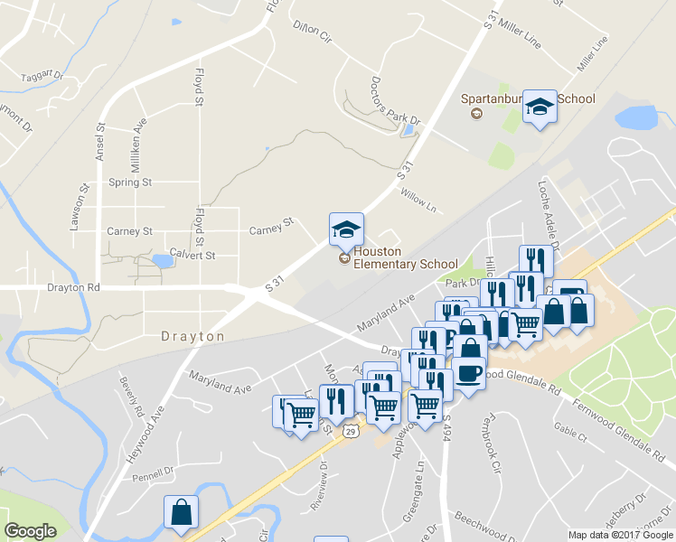 map of restaurants, bars, coffee shops, grocery stores, and more near 1475 Skylyn Drive in Spartanburg