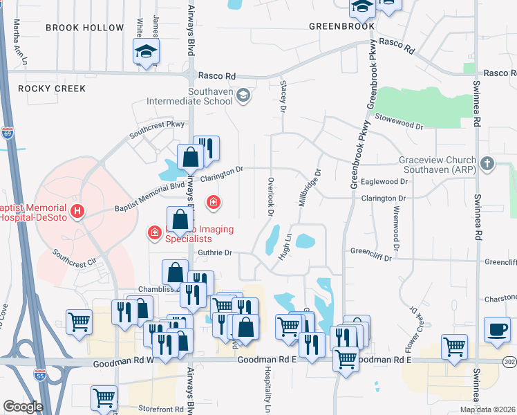 map of restaurants, bars, coffee shops, grocery stores, and more near 7573 Overlook Drive in Southaven
