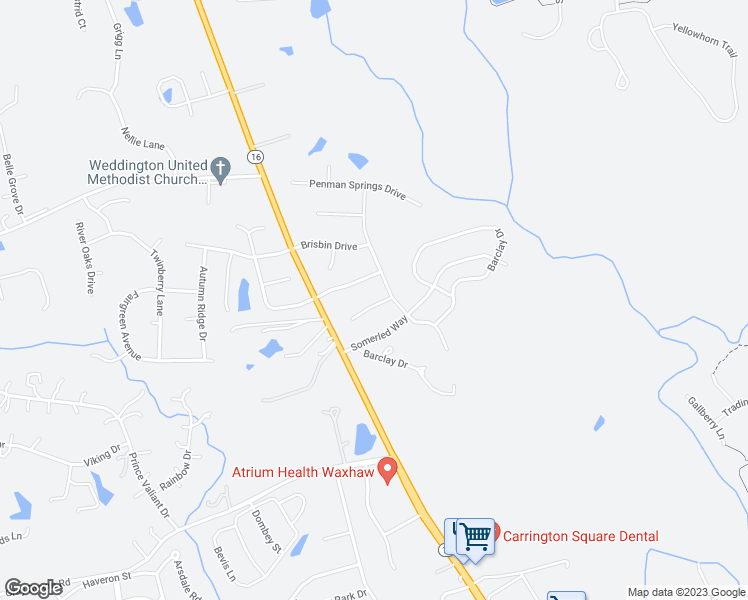 map of restaurants, bars, coffee shops, grocery stores, and more near 8104 Madrigal Court in Waxhaw
