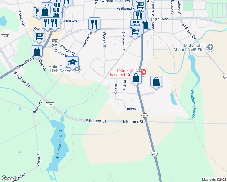map of restaurants, bars, coffee shops, grocery stores, and more near 402 Covington Avenue in Raeford