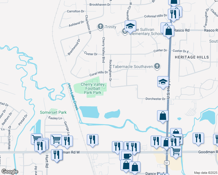 map of restaurants, bars, coffee shops, grocery stores, and more near 7487 Rockingham Drive in Southaven