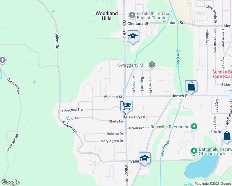 map of restaurants, bars, coffee shops, grocery stores, and more near 1332 Wilson Road in Rossville
