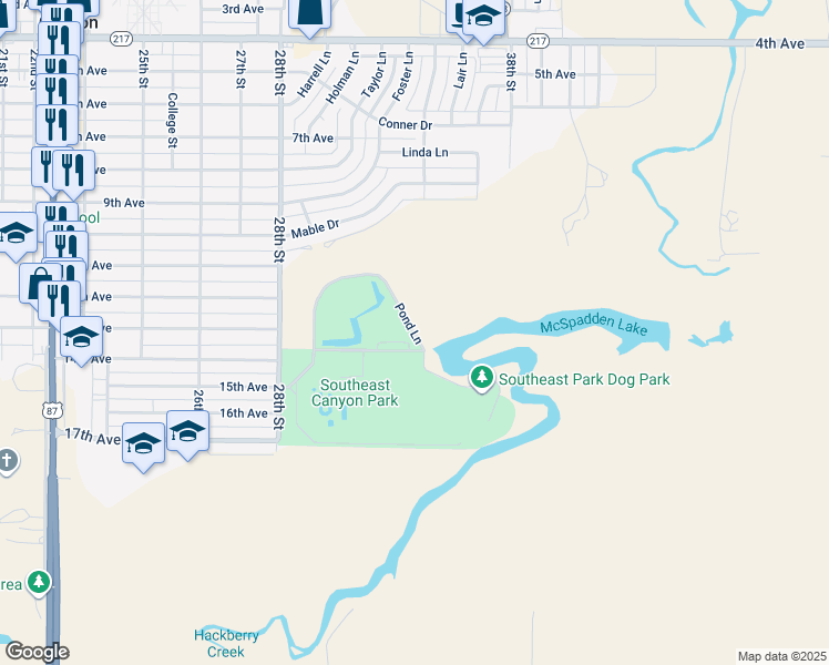 map of restaurants, bars, coffee shops, grocery stores, and more near Pond Lane in Canyon