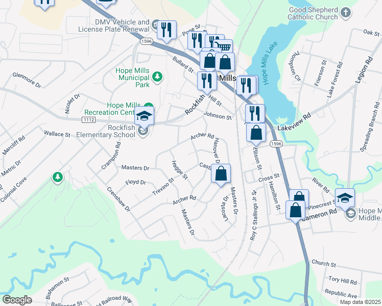 map of restaurants, bars, coffee shops, grocery stores, and more near 5698 Player Circle in Hope Mills