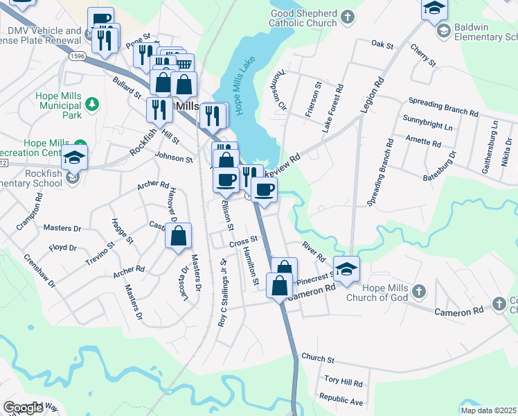 map of restaurants, bars, coffee shops, grocery stores, and more near 3777 North Carolina 59 in Hope Mills