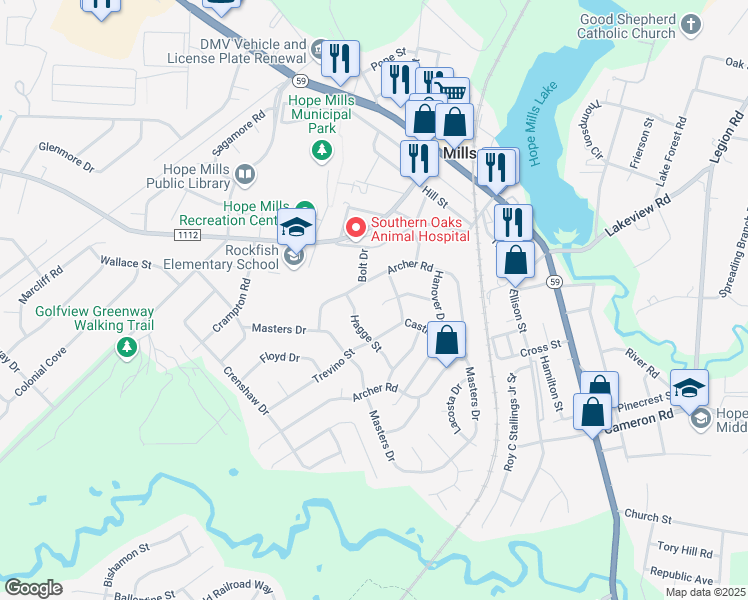 map of restaurants, bars, coffee shops, grocery stores, and more near 5710 Player Circle in Hope Mills