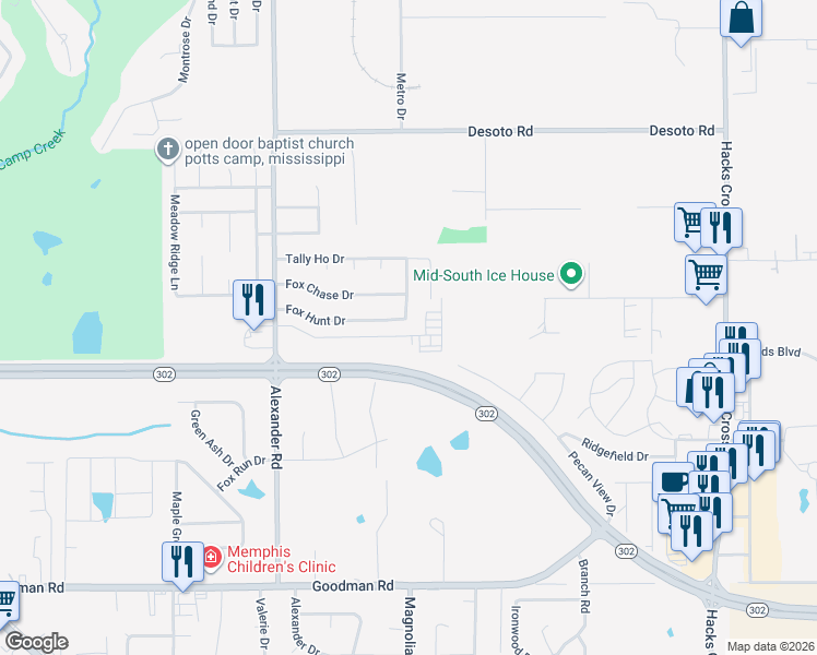 map of restaurants, bars, coffee shops, grocery stores, and more near 10267 Fox Hunt Drive in Olive Branch