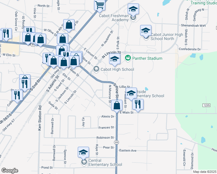 map of restaurants, bars, coffee shops, grocery stores, and more near 304 North Monroe Street in Cabot