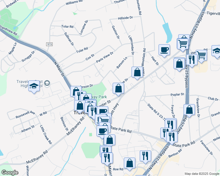 map of restaurants, bars, coffee shops, grocery stores, and more near 101 Love Drive in Travelers Rest