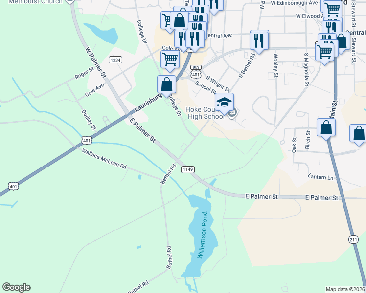 map of restaurants, bars, coffee shops, grocery stores, and more near 706 South Bethel Road in Raeford