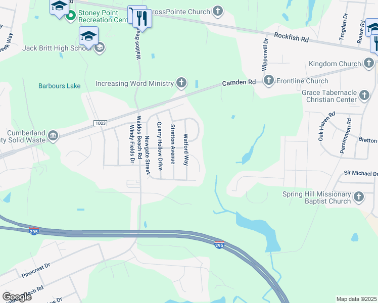 map of restaurants, bars, coffee shops, grocery stores, and more near 4101 Saint Ives Court in Fayetteville