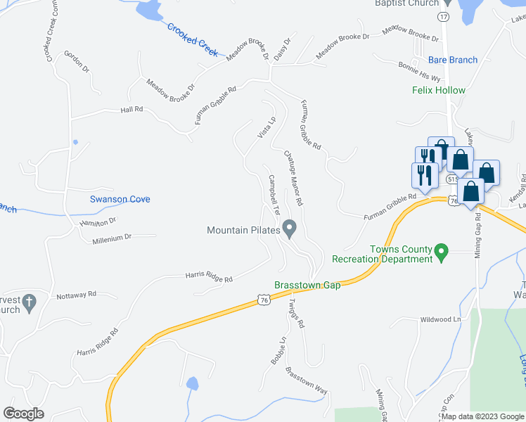 map of restaurants, bars, coffee shops, grocery stores, and more near 1744 Harris Ridge Road in Young Harris