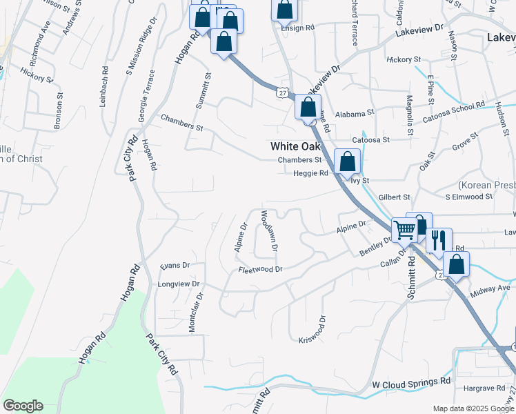 map of restaurants, bars, coffee shops, grocery stores, and more near 102 Woodlawn Drive in Rossville