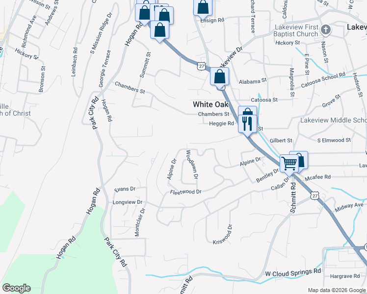 map of restaurants, bars, coffee shops, grocery stores, and more near 102 Woodlawn Drive in Rossville