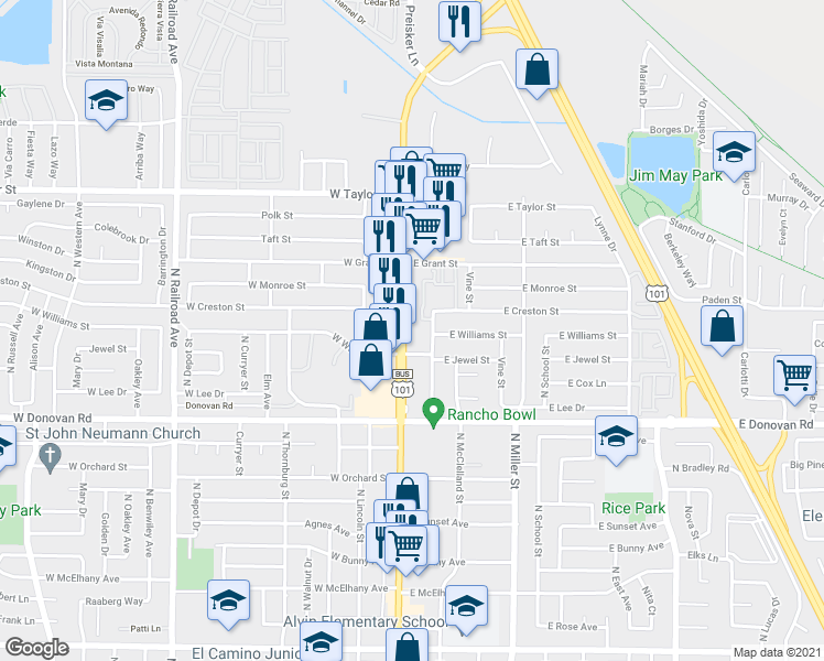 map of restaurants, bars, coffee shops, grocery stores, and more near 1740 North Broadway in Santa Maria