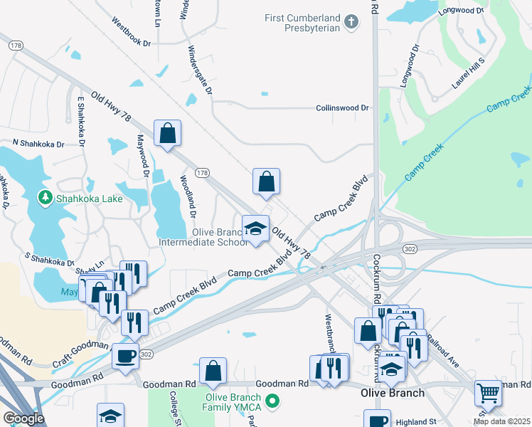map of restaurants, bars, coffee shops, grocery stores, and more near 8610 Mississippi 178 in Olive Branch