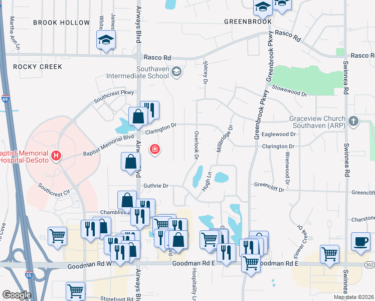 map of restaurants, bars, coffee shops, grocery stores, and more near 7573 Overlook Drive in Southaven
