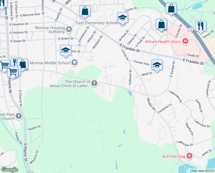 map of restaurants, bars, coffee shops, grocery stores, and more near 1113 East Sunset Drive in Monroe