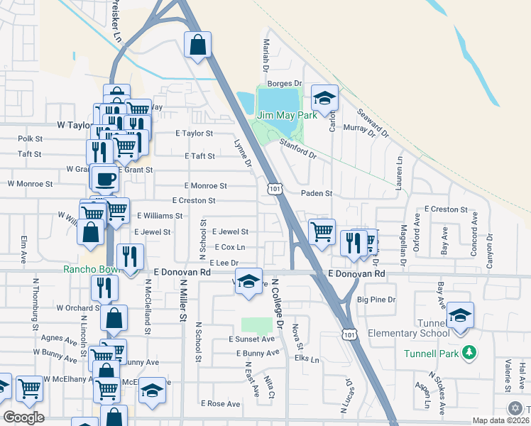 map of restaurants, bars, coffee shops, grocery stores, and more near 1700 Lynne Drive in Santa Maria