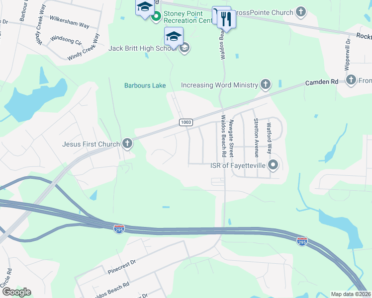 map of restaurants, bars, coffee shops, grocery stores, and more near 4024 Whisper Wood Drive in Fayetteville