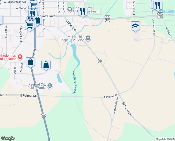 map of restaurants, bars, coffee shops, grocery stores, and more near 820 Saint Pauls Drive in Raeford