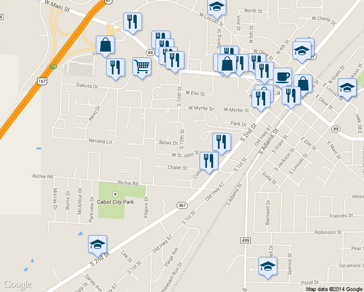 map of restaurants, bars, coffee shops, grocery stores, and more near 203 South 10th Street in Cabot