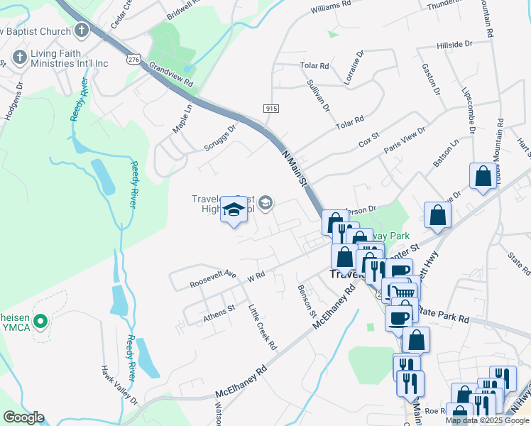 map of restaurants, bars, coffee shops, grocery stores, and more near 301 North Main Street in Travelers Rest