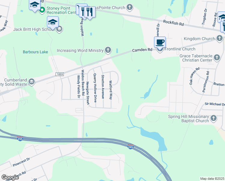 map of restaurants, bars, coffee shops, grocery stores, and more near 4101 Saint Ives Court in Fayetteville