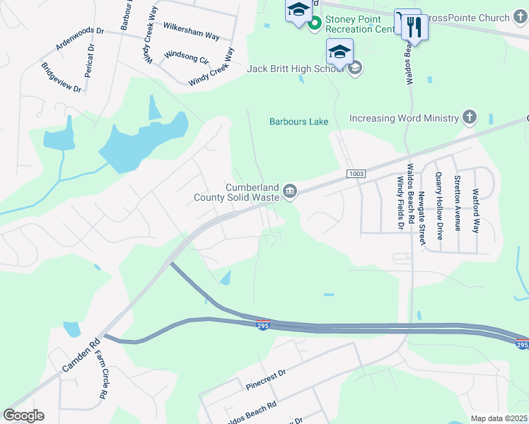 map of restaurants, bars, coffee shops, grocery stores, and more near 7505 Camden Road in Fayetteville