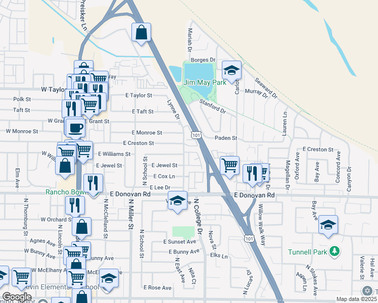 map of restaurants, bars, coffee shops, grocery stores, and more near 1700 Lynne Drive in Santa Maria