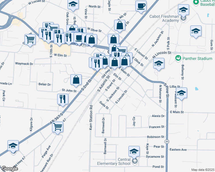 map of restaurants, bars, coffee shops, grocery stores, and more near 308 South Grant Street in Cabot