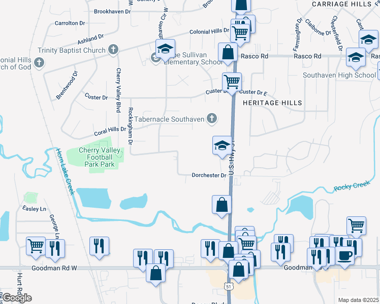 map of restaurants, bars, coffee shops, grocery stores, and more near 1730 Dorchester Drive in Southaven