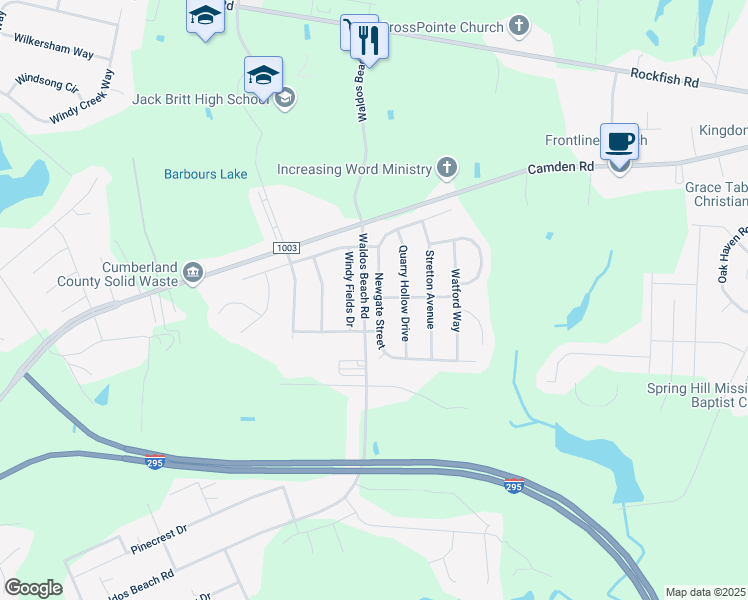 map of restaurants, bars, coffee shops, grocery stores, and more near 3934 Newgate Street in Fayetteville