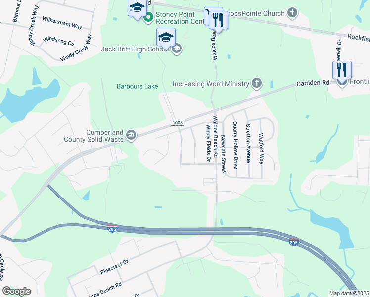 map of restaurants, bars, coffee shops, grocery stores, and more near 4025 Whisper Wood Drive in Fayetteville
