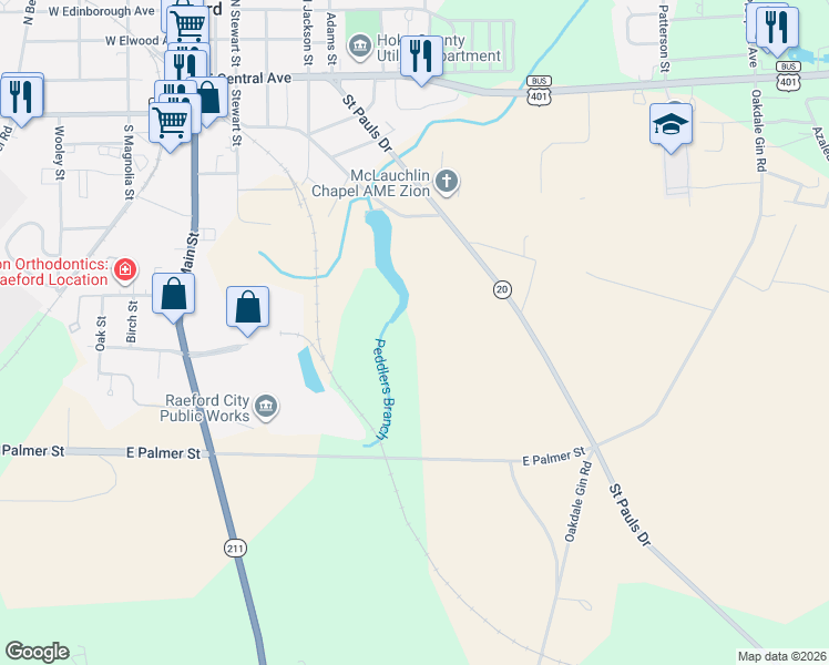 map of restaurants, bars, coffee shops, grocery stores, and more near 820 Saint Pauls Drive in Raeford