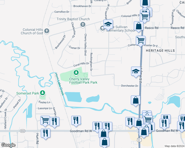 map of restaurants, bars, coffee shops, grocery stores, and more near 7510 Rockingham Drive in Southaven