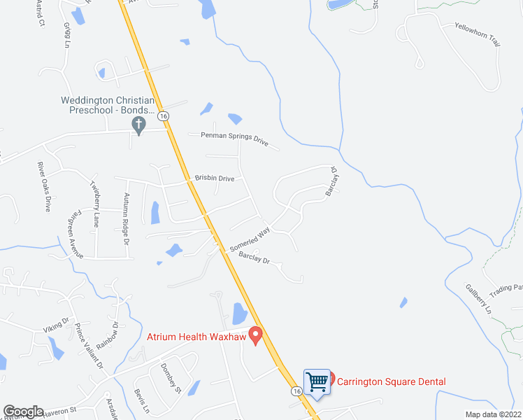map of restaurants, bars, coffee shops, grocery stores, and more near 2609 Merryvale Way in Waxhaw