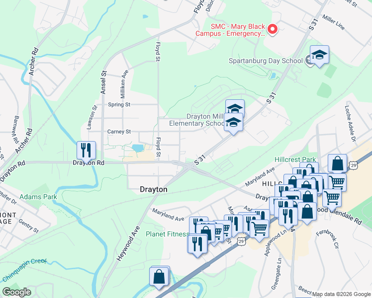 map of restaurants, bars, coffee shops, grocery stores, and more near 1510 Drayton Road in Drayton